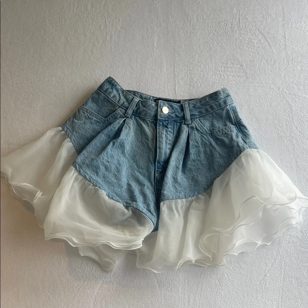 ASOS LUXE DENIM SHORTS WITH CHIFFON FRILL HEM BLUE SIZE 2 - Picture 3 of 5